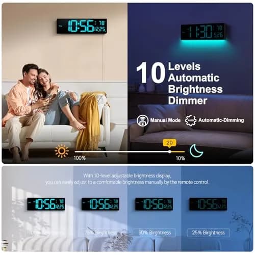 Hournor Digital Wall Clock 16" Large Display RGB Colors | Remote Control, Night Lights, Auto DST, Temp thumbnail 4