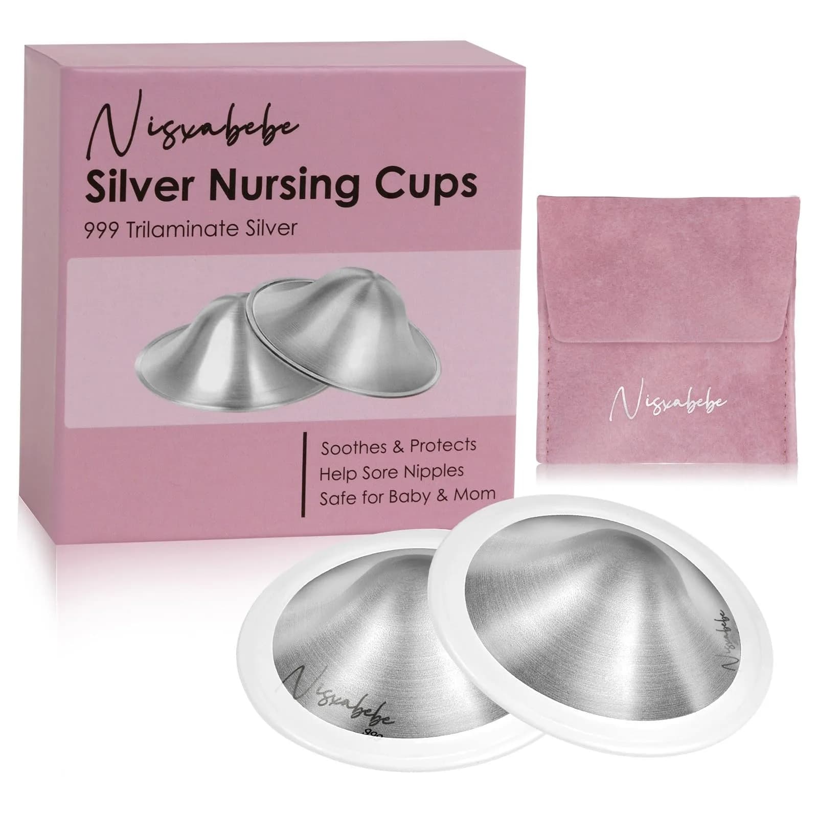 NISXABEBE Original Silver Nursing Cups with Silicone Ring, X-Large | Natural Healing for Sore Nipples — X-Large+Silicone Rings