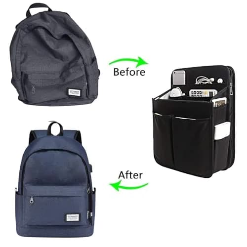 Yoillione Backpack Organizer Insert with Base Shaper - Lightweight Bag Organizer with 17 Pockets & Zipper, 34cm (13.4'') Height, Black | Fits Most Backpacks thumbnail 6