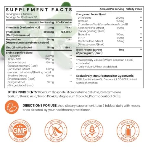 CyberCerix 17-in-1 Brain Supplements for Memory & Focus | Nootropic Formula with Vitamins, Amino Acids & Herbal Extracts (60 Count Pack of 2) thumbnail 2