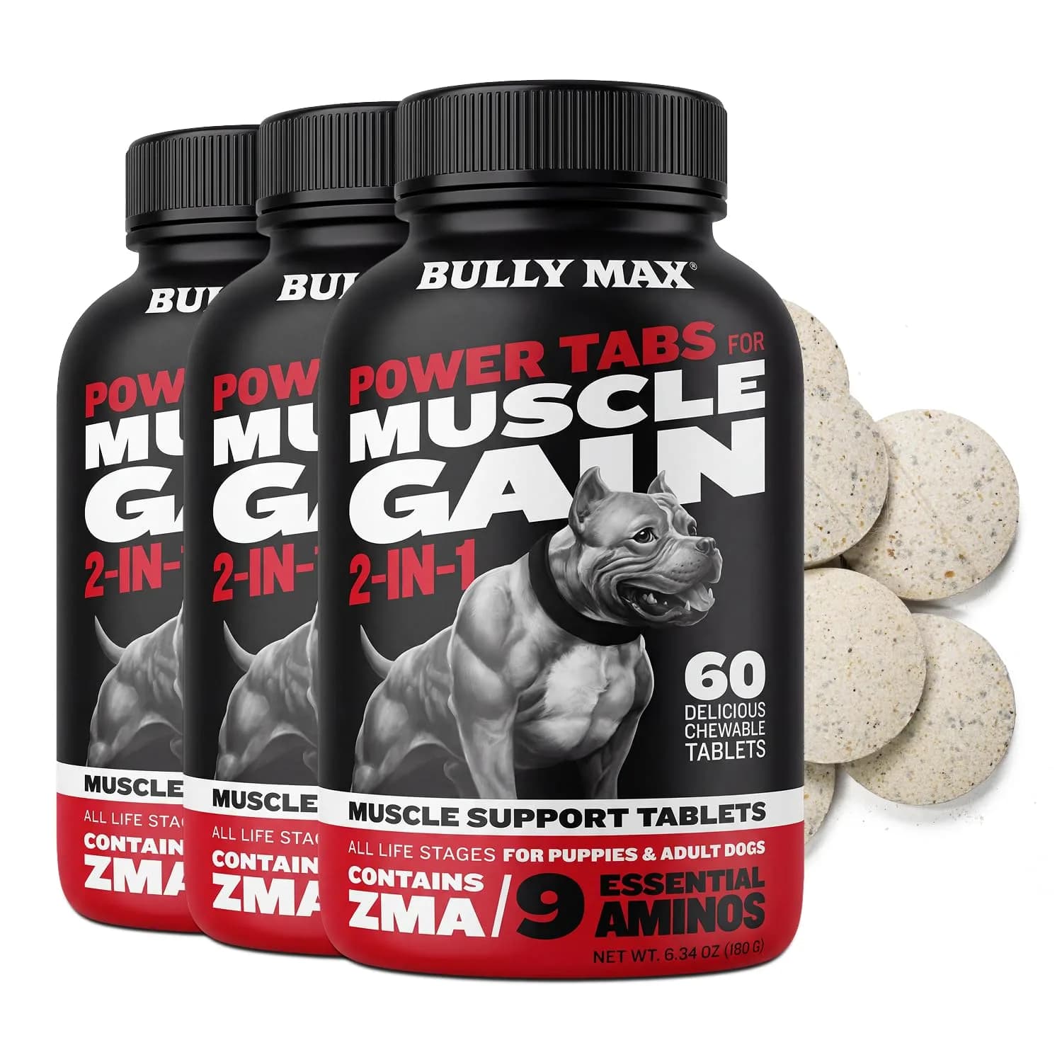 Bully Max 2-in-1 Muscle Builder Chewable Tablets for Dogs - 60 Tabs (3 Bottles) | Vet-Recommended Canine Multivitamin for Muscle Gain & Growth