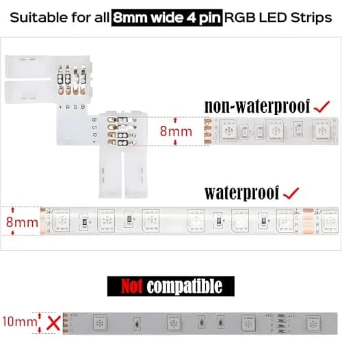JACKYLED L Shape 8mm 4-Pin LED Strip Connectors 32pcs | Unwired Solderless Connectors for 8mm Wide 4-Pin LED Strips thumbnail 3