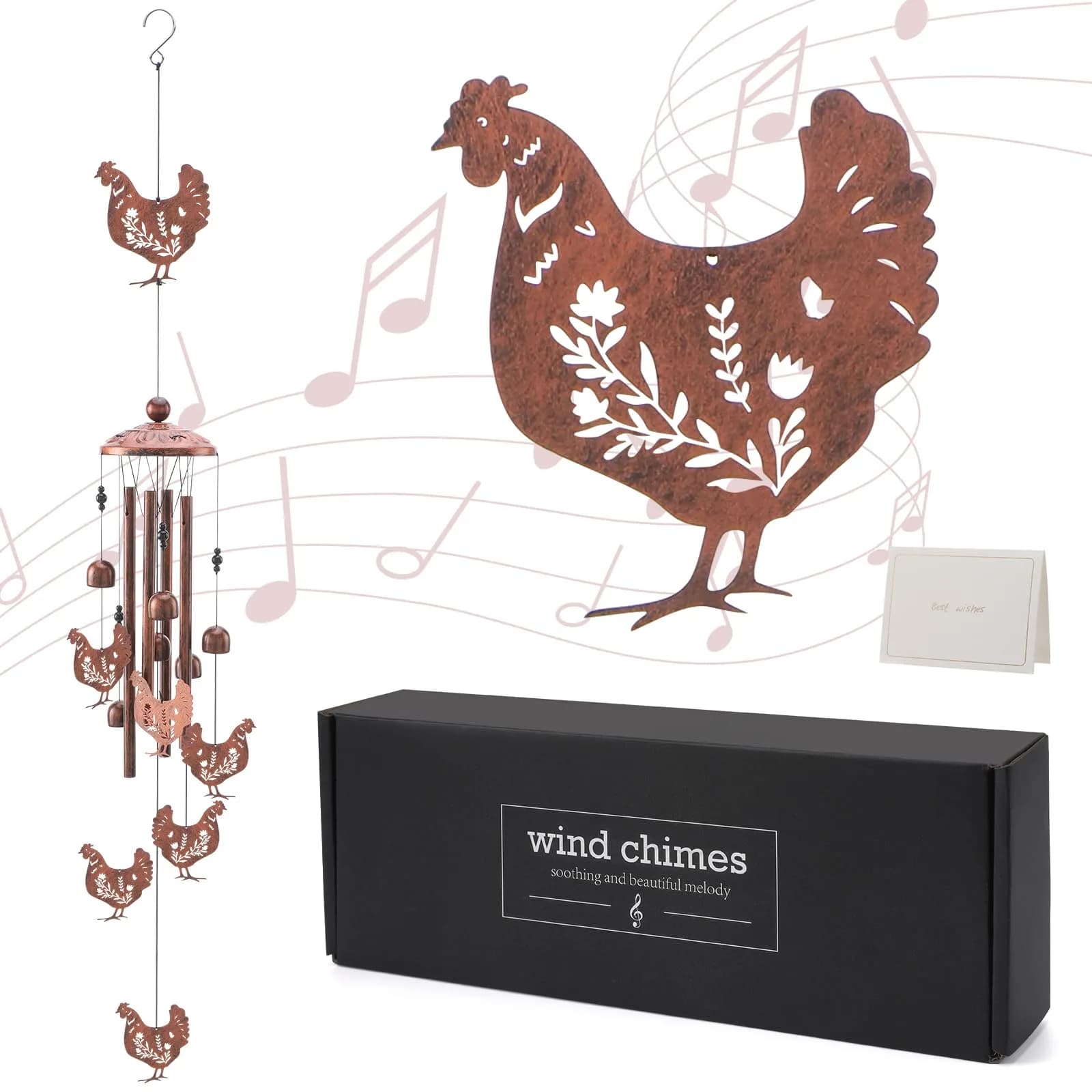 INCOK Chicken Wind Chimes for Outside - Metal Windchimes Outdoors Chicken Gifts Rooster Garden Decor with Greeting Card for Women Men Mom Grandma Birthday Home Patio Porch Backyard Yard Decoration | Garden — Chicken Wind Chimes