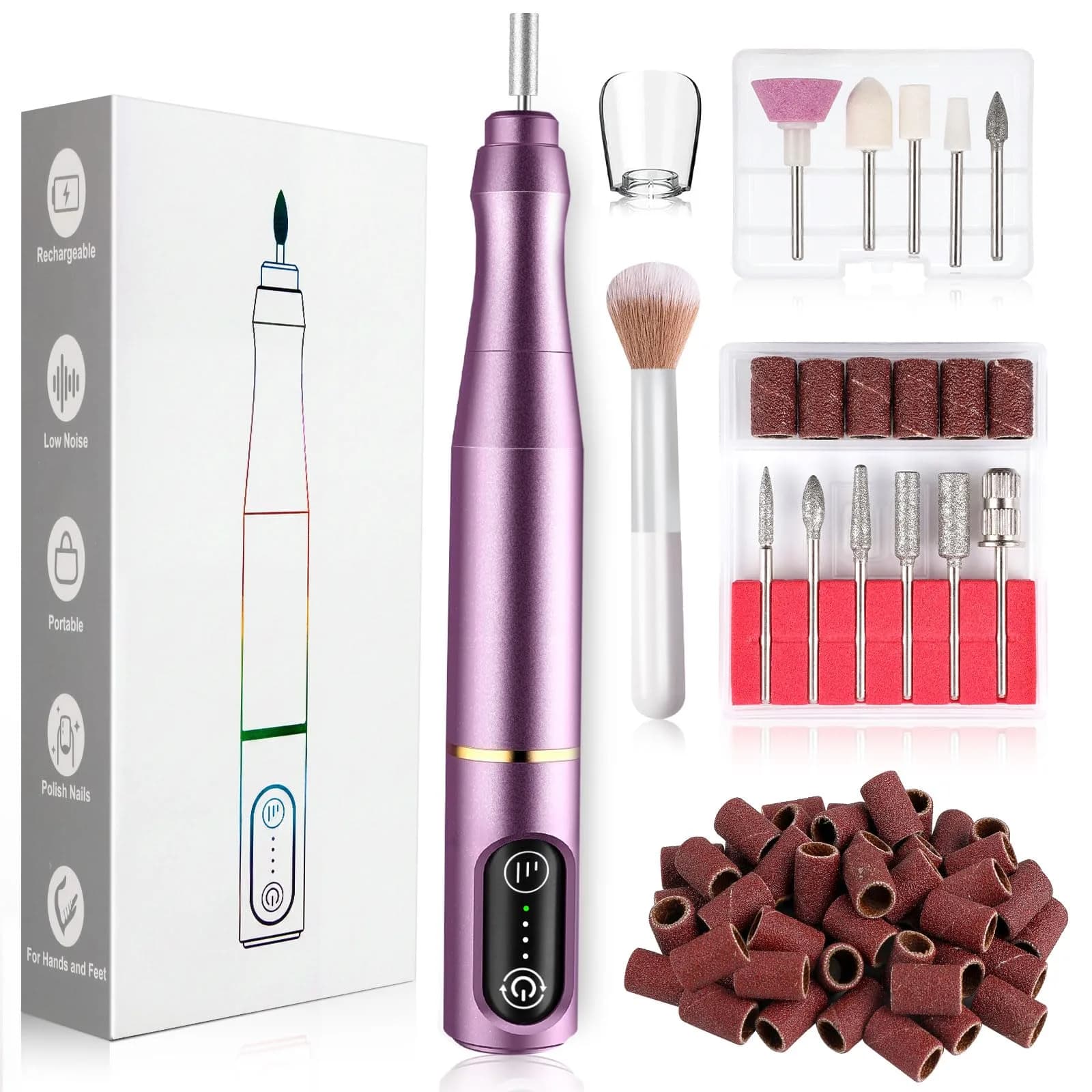 TUOBEO Cordless Nail Drill Electric Nail File Kit, Rechargeable Efile Set with 11 Bits & 56 Bands, Purple