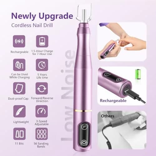 TUOBEO Cordless Nail Drill Electric Nail File Kit, Rechargeable Efile Set with 11 Bits & 56 Bands, Purple thumbnail 4