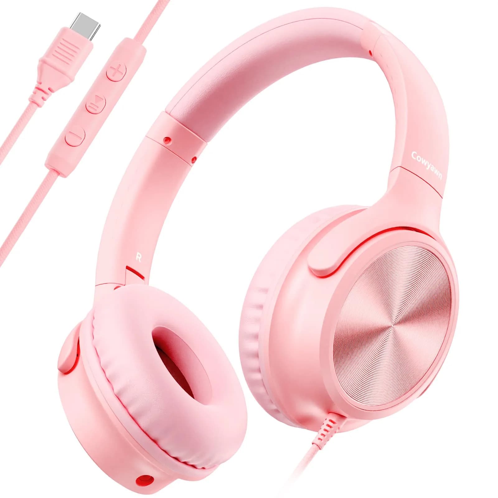 Cowyawn USB C Wired Over-Ear Headphones with Mic, HD Stereo Sound, Foldable, Pink | Noise Isolation