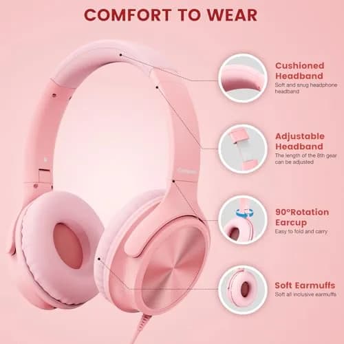 Cowyawn USB C Wired Over-Ear Headphones with Mic, HD Stereo Sound, Foldable, Pink | Noise Isolation thumbnail 3