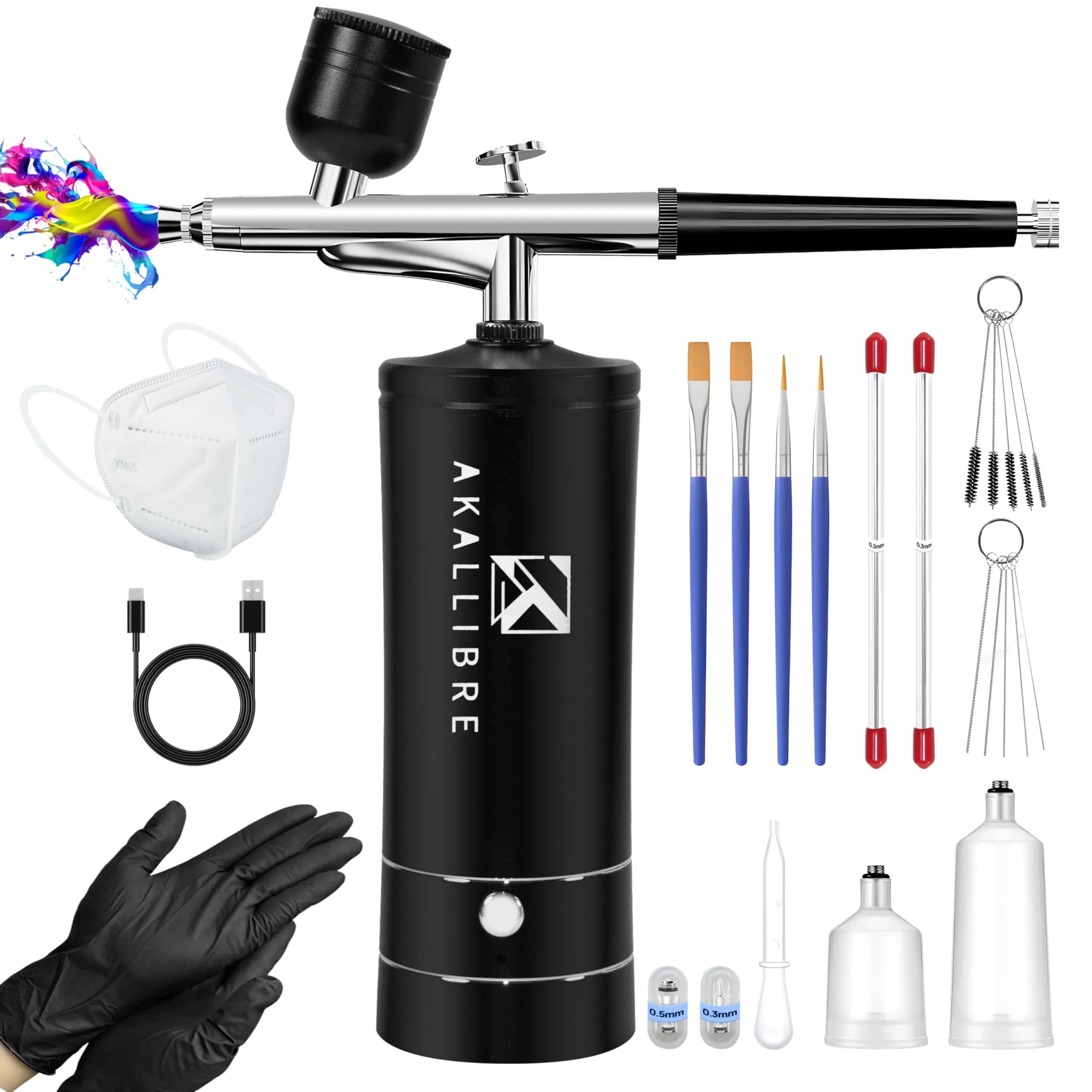 AKALLIBRE Airbrush Kit with Compressor, 48PSI High-Pressure Non-Clogging | Cordless, Portable & Versatile for Art & Makeup — Black