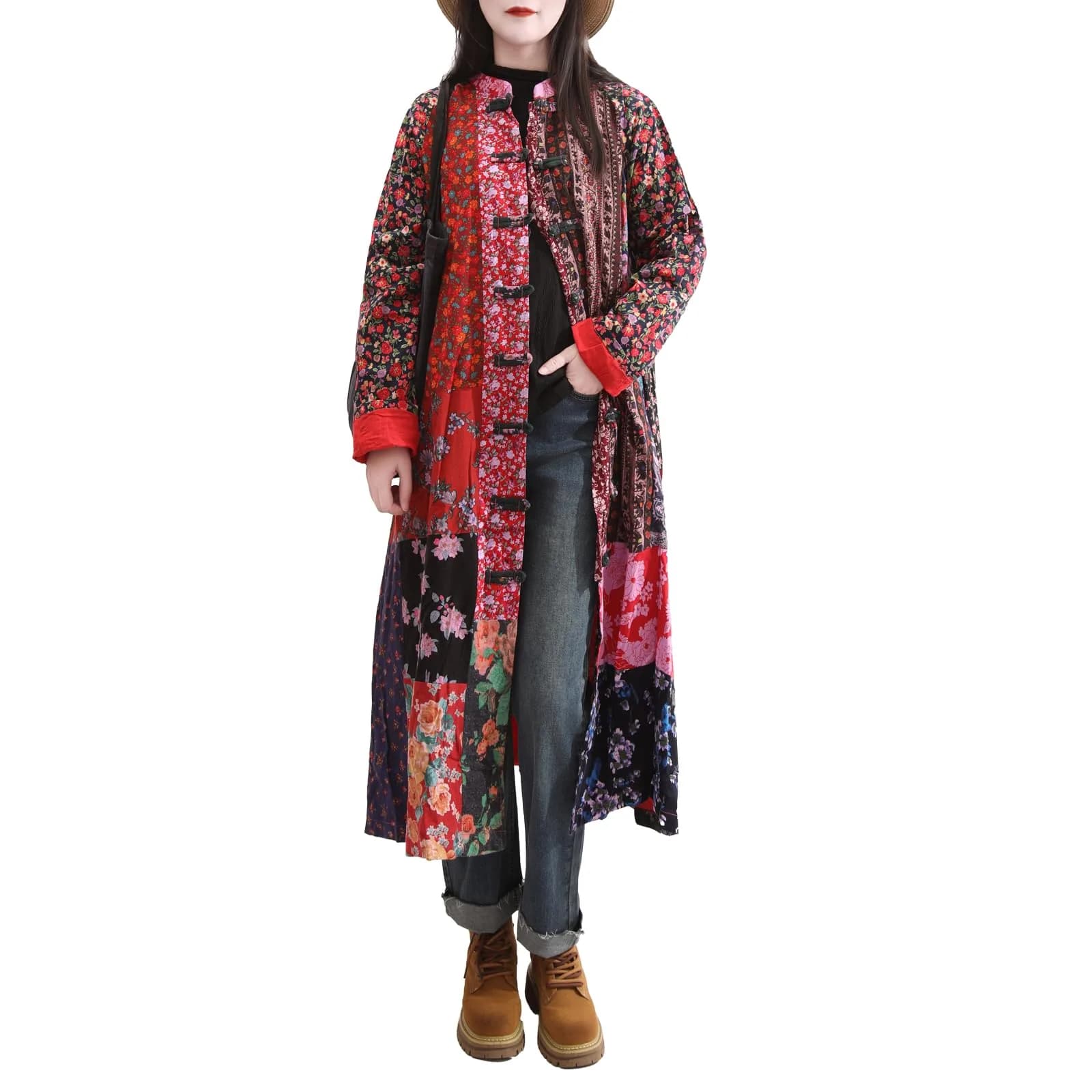 LUZU JUNU Women's Floral Patchwork Trench Coat | Bohemian Long Linen Cotton Jacket (X-Large)