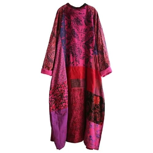LUZU JUNU Women's Floral Patchwork Trench Coat | Bohemian Long Linen Cotton Jacket (X-Large) thumbnail 4