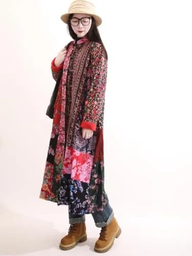 LUZU JUNU Women's Floral Patchwork Trench Coat | Bohemian Long Linen Cotton Jacket (X-Large) thumbnail 7