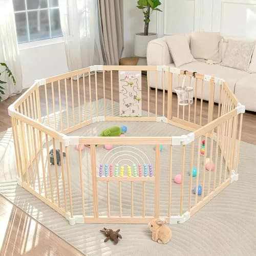 Ulnxiy Wooden Baby Playpen with Toy 56"x56" | Foldable Play Yard for Toddlers thumbnail 1