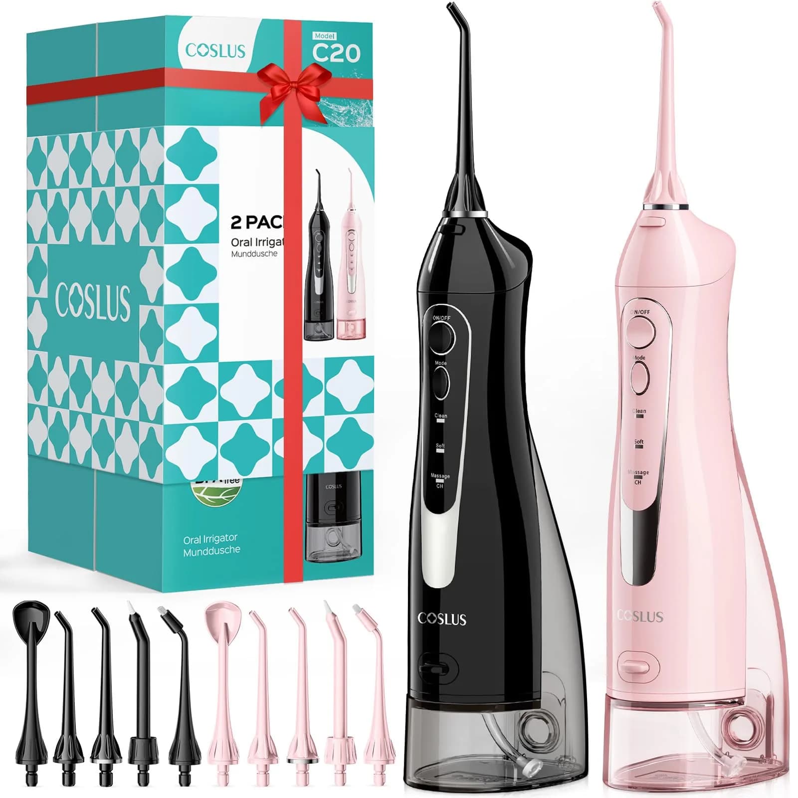COSLUS C20 Water Dental Flosser 2-Pack 300ml Tank | ADA Accepted, Rechargeable, IPX7 Waterproof