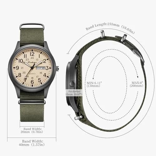 BOSHIYA Military Quartz Watch 40mm Case | Easy-Read Luminous Dial, Green Nylon Band thumbnail 7