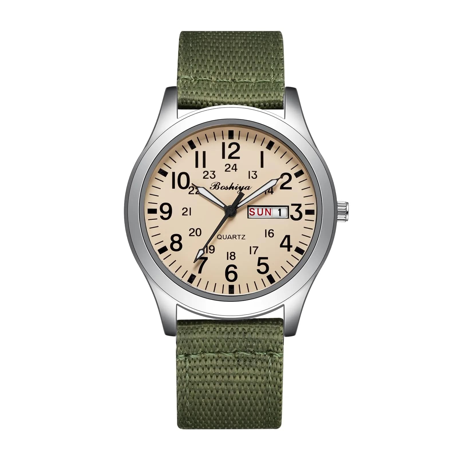 BOSHIYA Military Quartz Watch 40mm Case | Easy-Read Luminous Dial, Green Nylon Band — Silver case -02