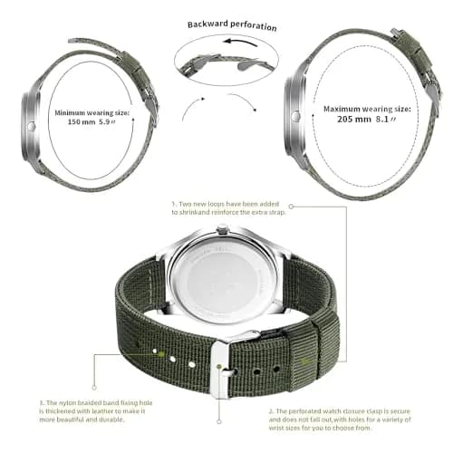 BOSHIYA Military Quartz Watch 40mm Case | Easy-Read Luminous Dial, Green Nylon Band thumbnail 5