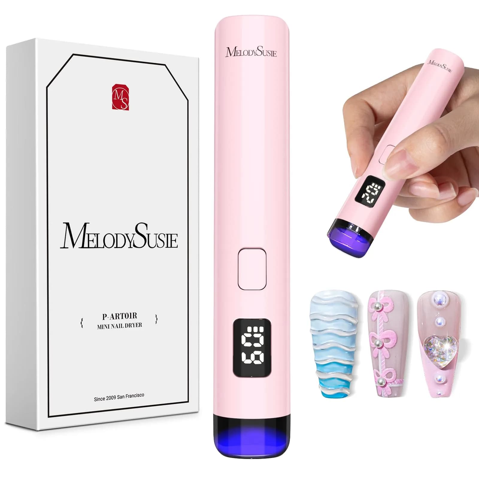 MelodySusie P-ART01R Flash Cure UV Nail Lamp 4.45in (11.3cm) | Rechargeable Cordless Handheld for Gel Polish — Pink