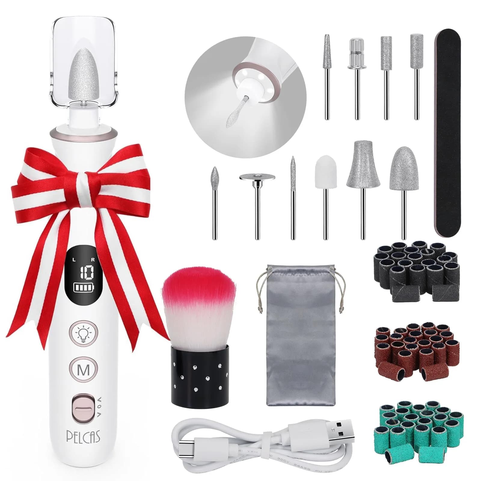 PELCAS Cordless Electric Nail Drill 6.5" x 1" | 10-Speed Portable Manicure & Pedicure Tool with LED Light — White
