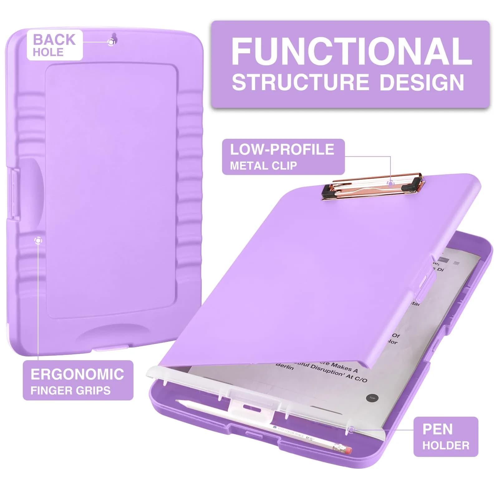Sooez Clipboard with Storage, Light Purple With Rose Gold Clip, 8.5x11 Inch | Professional Organizer for Field Work thumbnail 2
