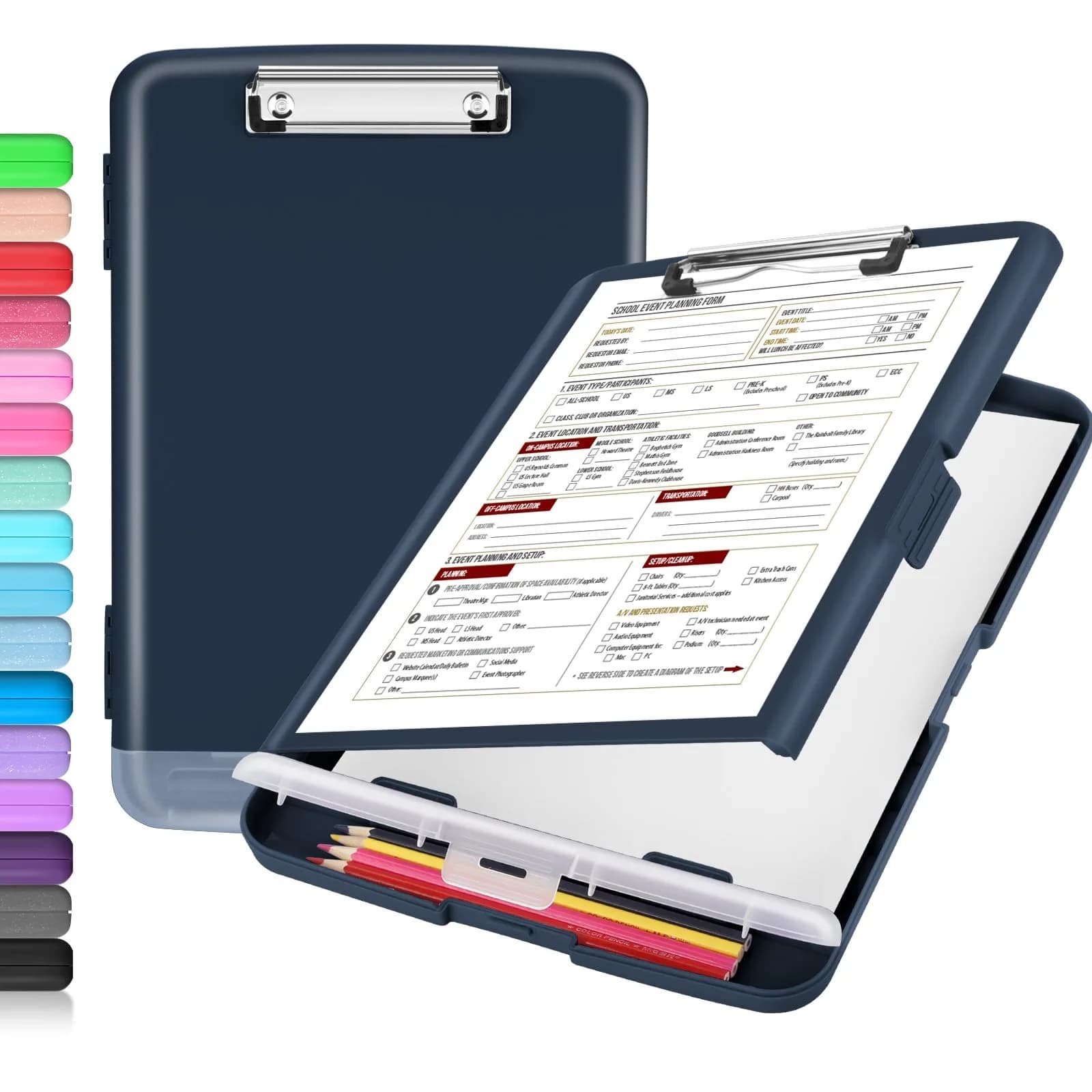 Sooez Storage Clipboard with Pen Holder 25.4cm x 36.8cm (10" x 14.5") | Sturdy Plastic Organizer for School & Office — Dark Blue