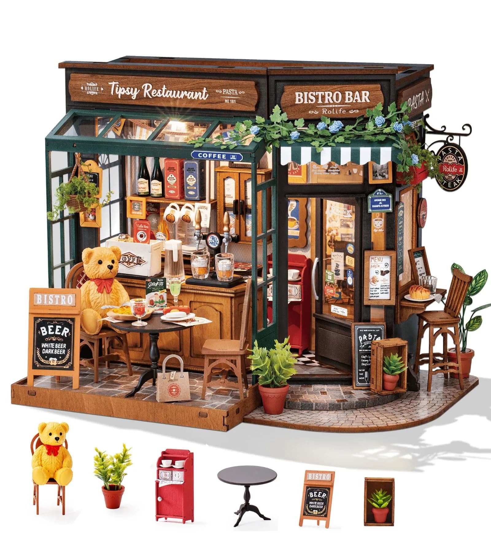 Rolife Miniature Coffee Bar Dollhouse Kit 297pcs 1:18 Scale Creative Gift for Adults