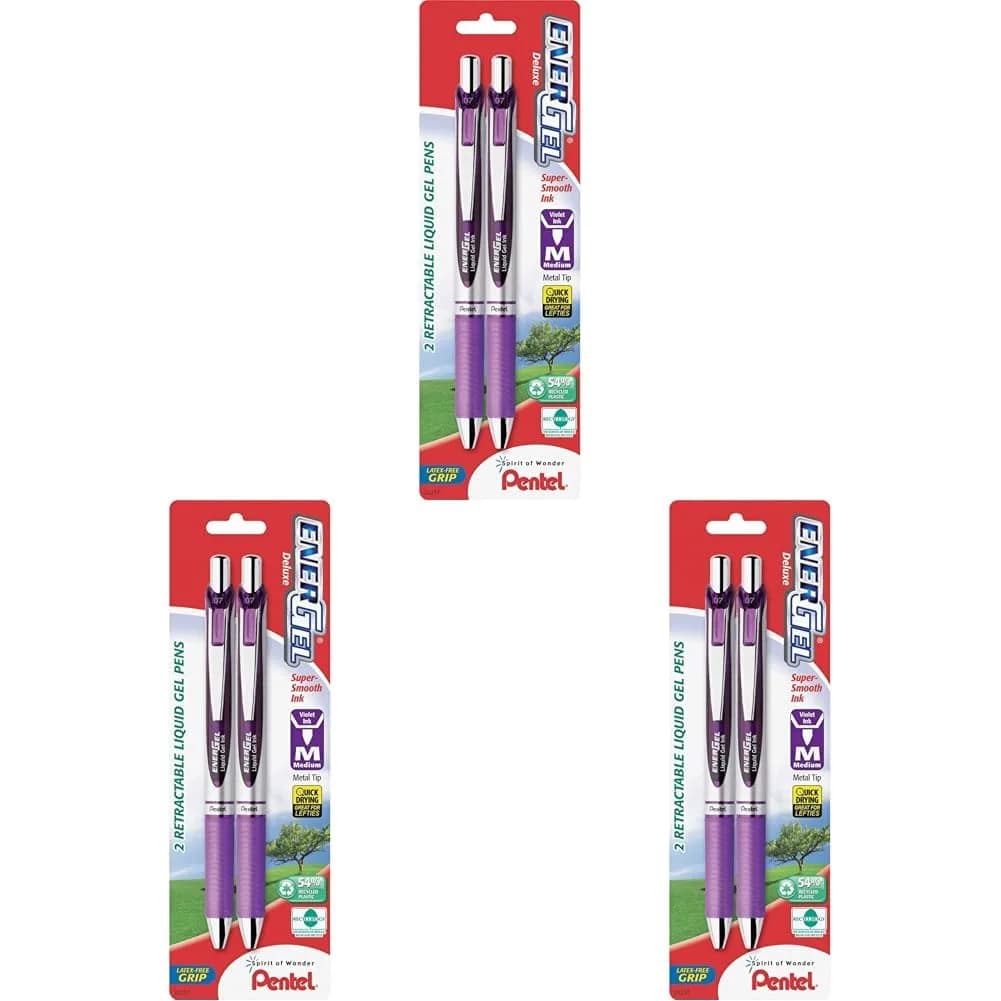 Pentel EnerGel Deluxe RTX Retractable Liquid Gel Pen, Red Ink, 0.7mm Medium Tip, 2 Pack | Smooth Ink Flow — Violet
