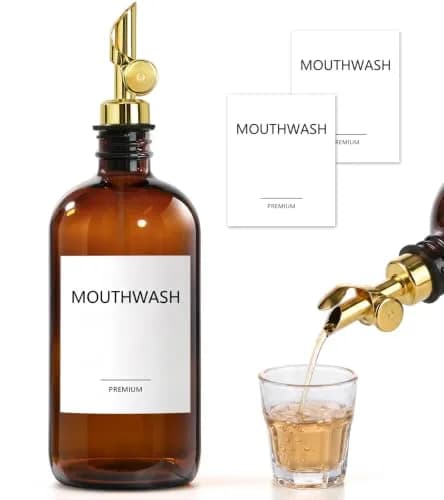 TOLDATLI Glass Mouthwash Dispenser 502ml (17 fl oz) with Auto-Flip Cap | Elegant Amber Bathroom Bottle thumbnail 1