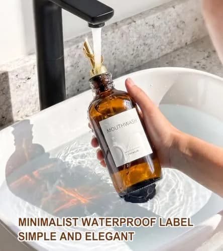 TOLDATLI Glass Mouthwash Dispenser 502ml (17 fl oz) with Auto-Flip Cap | Elegant Amber Bathroom Bottle thumbnail 5