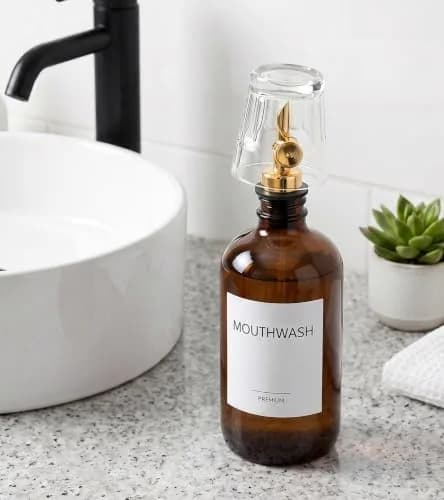 TOLDATLI Glass Mouthwash Dispenser 502ml (17 fl oz) with Auto-Flip Cap | Elegant Amber Bathroom Bottle thumbnail 8