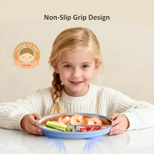 Bakpoco Stainless Steel Toddler Plate with Suction, 9” Divided | BPA-Free & Unbreakable, Non Slip, 2-Pack, Blue & Gray thumbnail 4