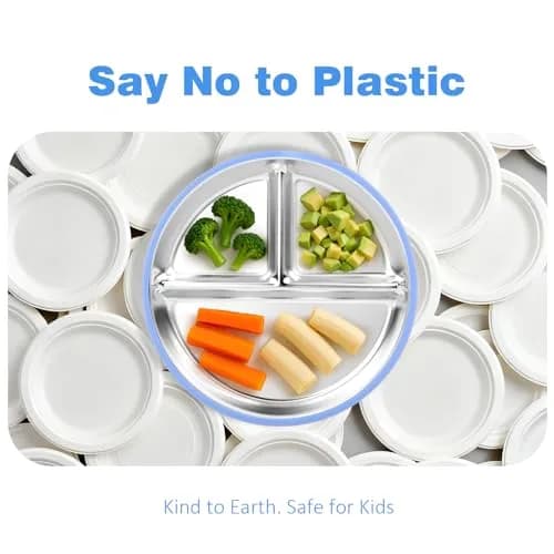 Bakpoco Stainless Steel Toddler Plate with Suction, 9” Divided | BPA-Free & Unbreakable, Non Slip, 2-Pack, Blue & Gray thumbnail 3