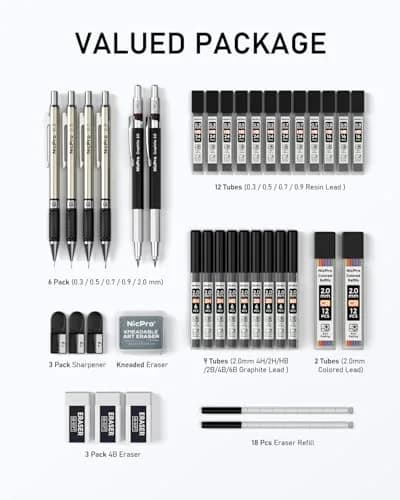 Nicpro 37PCS Art Mechanical Pencil Set, 6PCS Drafting Pencils & 21 Tubes Lead Refills | Smooth Writing & Drawing thumbnail 5