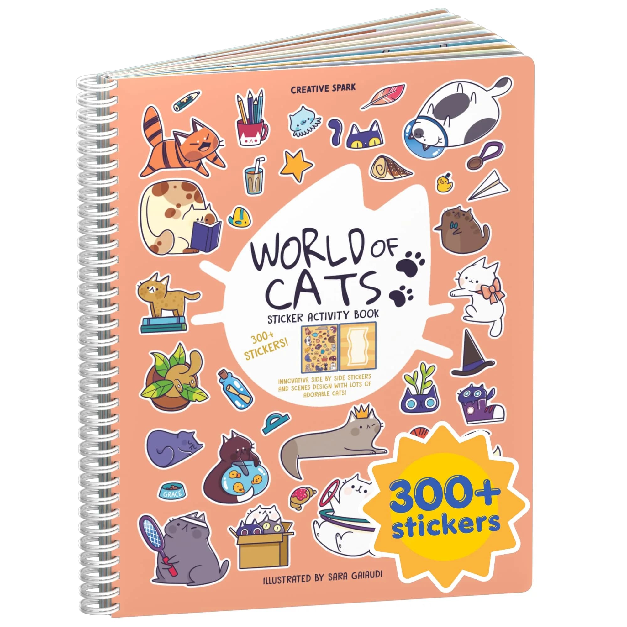 CUPKIN World of Cats 300+ Stickers & 8 Coloring Pages Activity Book | Spiral-Bound for Ages 2-8 Years