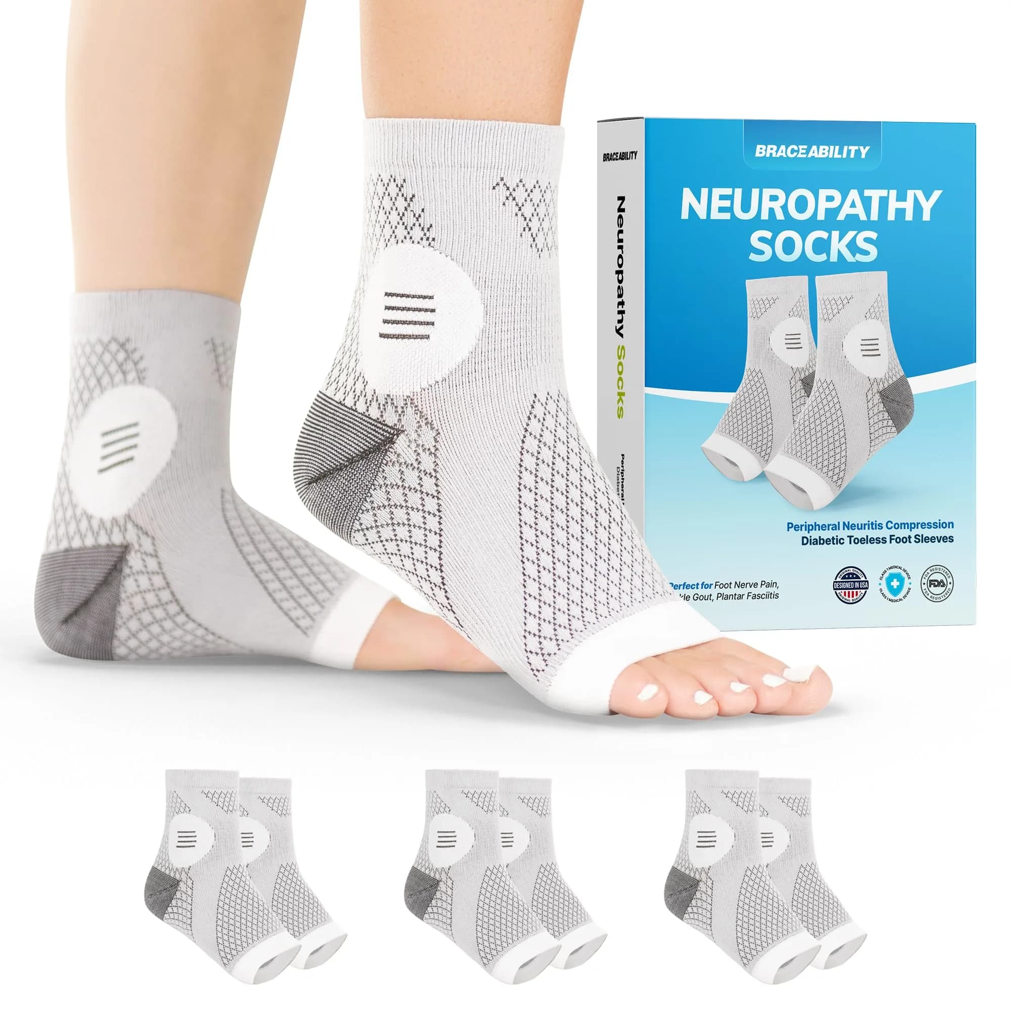 BraceAbility Neuropathy Socks - Large, Gray, 3 Pairs | Medical Compression for Nerve Pain