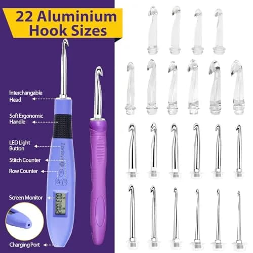 Zcvtbye Light Up Crochet Hooks Set, 22 Sizes with Digital Counters & LED Light | Ergonomic & Rechargeable thumbnail 4