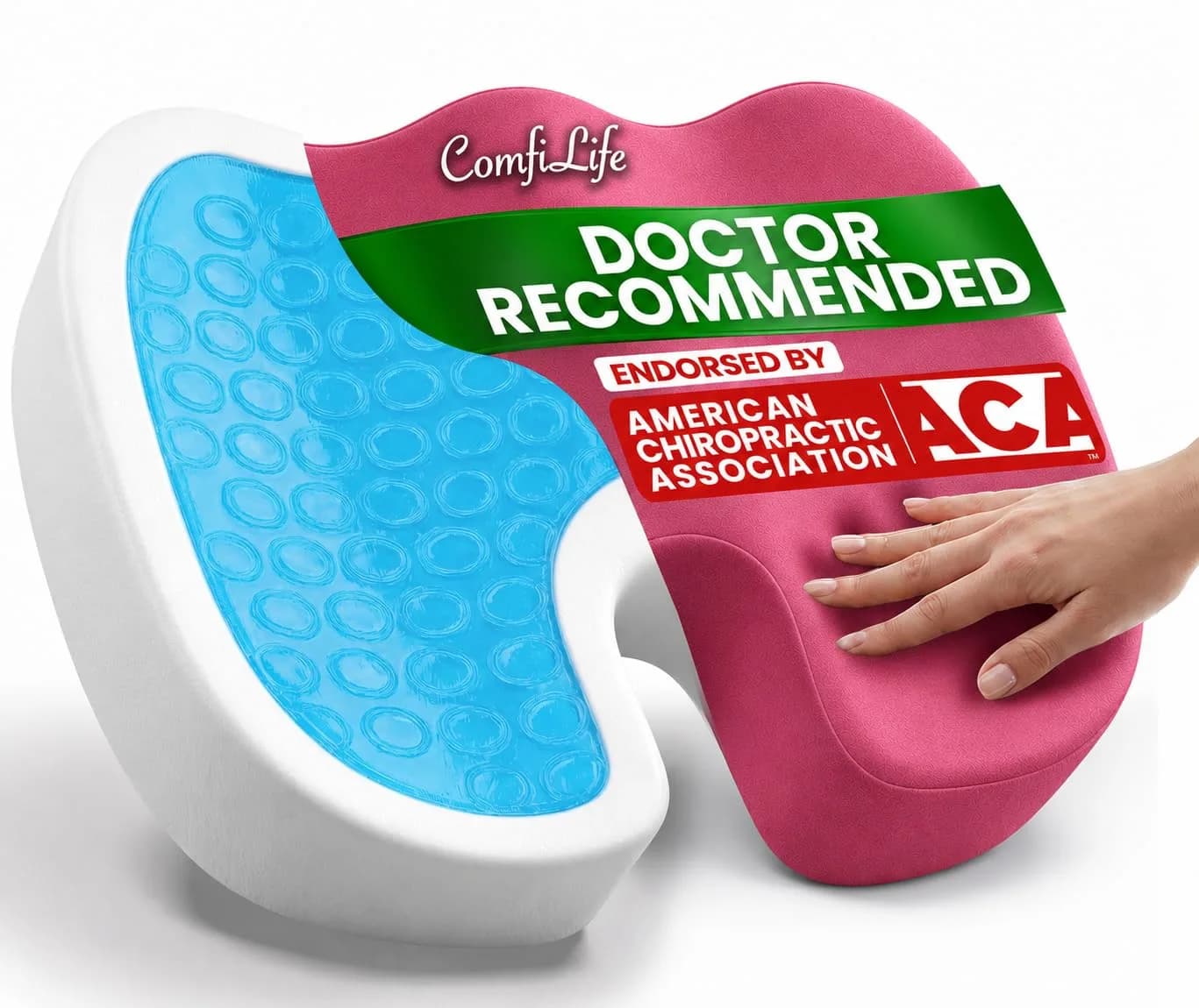 ComfiLife Gel Memory Foam Seat Cushion with Cooling Gel Layer - Ergonomic U-Shape for Back & Sciatica Relief - Pink, 44cm (17.5")