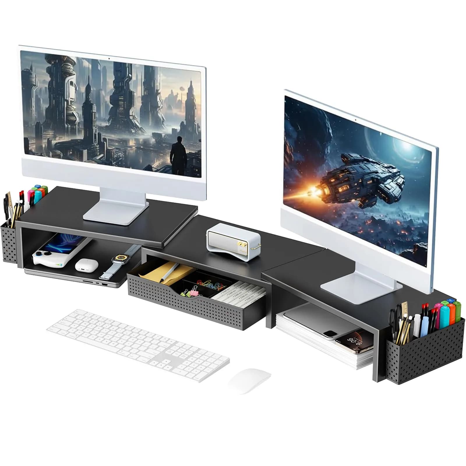 gianotter Dual Monitor Stand Riser with Drawer and Pen Holders, Black | USPTO Patented Organizer