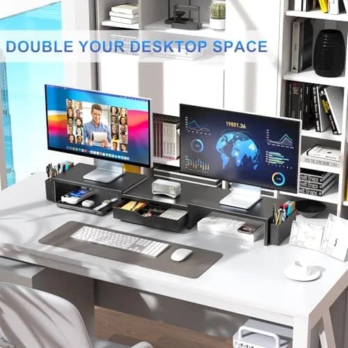 gianotter Dual Monitor Stand Riser with Drawer and Pen Holders, Black | USPTO Patented Organizer thumbnail 3