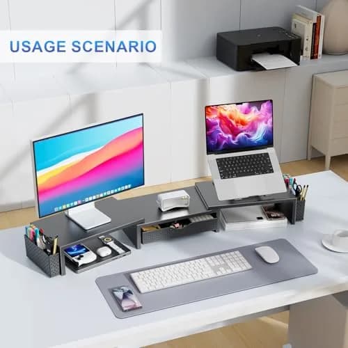 gianotter Dual Monitor Stand Riser with Drawer and Pen Holders, Black | USPTO Patented Organizer thumbnail 4