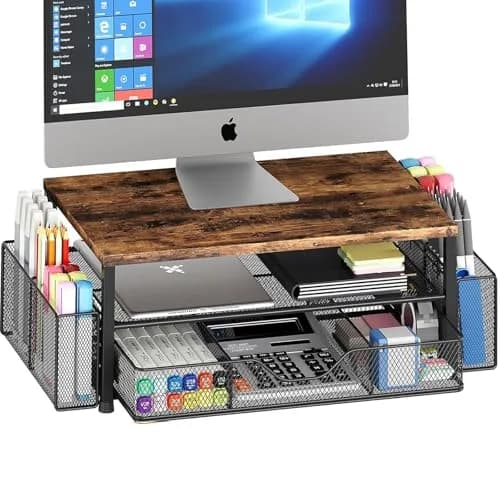 OPNICE 2-Tier Monitor Stand Riser with Drawer and Pen Holders, Brown 36.4 cm (14.4 in) | Ergonomic Design for Office Organization thumbnail 1
