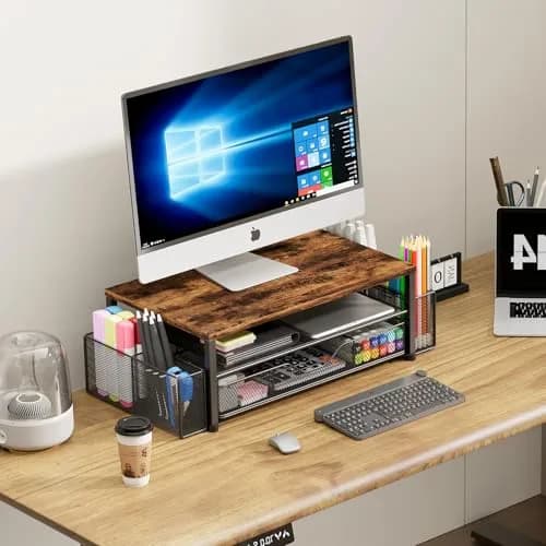 OPNICE 2-Tier Monitor Stand Riser with Drawer and Pen Holders, Brown 36.4 cm (14.4 in) | Ergonomic Design for Office Organization thumbnail 5