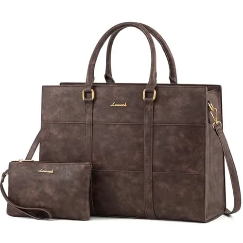 LOVEVOOK Vintage Leather Laptop Tote Bag for Women, 15.6 Inch (39.6 cm) with Clutch Purse | Waterproof Business Office Bag thumbnail 1