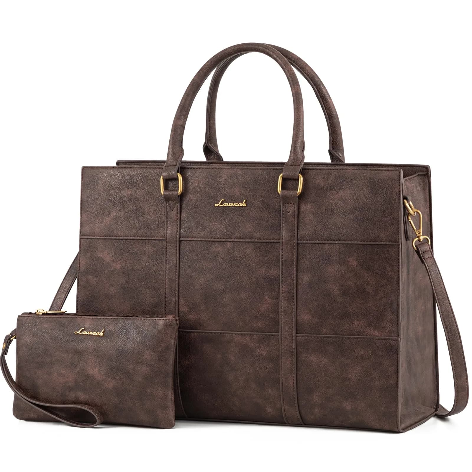 LOVEVOOK Laptop Bag for Women, 15.6 Inch Vintage Leather Tote Bag | Waterproof Computer Bag with Clutch Purse — Dark Brown