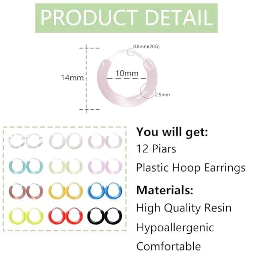 KASFREE Plastic Hoop Earrings for Sensitive Ears 14mm | Hypoallergenic Clear Hoops for Women thumbnail 2