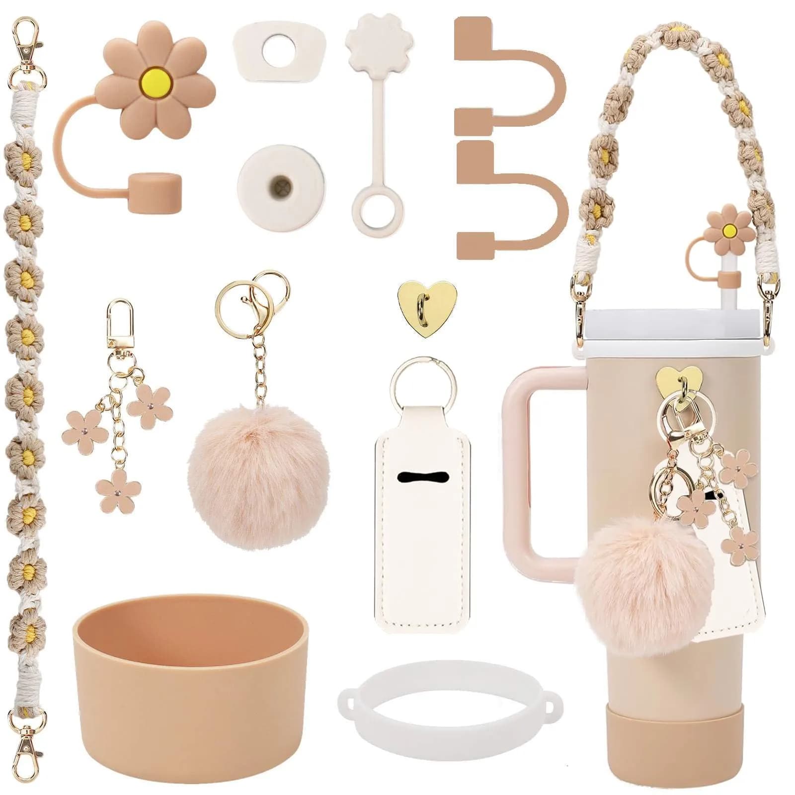 3tyto 13 Pcs Almond Rose Stanley Cup Accessories Set with Handle Strap & Silicone Boot