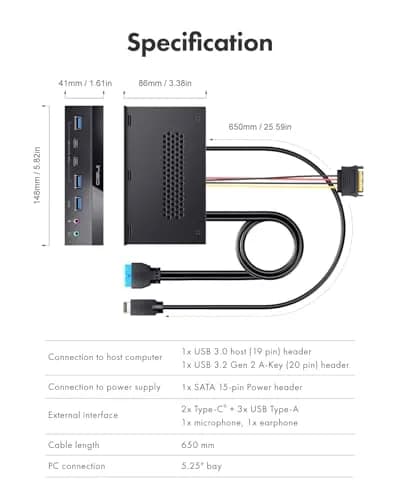 ineo 5.25" Front Panel USB 3.2 Gen 2 Hub - 2x 10Gbps USB-C, 2x 10Gbps USB-A, 1x USB 3.0 Type-A, Audio & Mic Jack [3570II] thumbnail 6