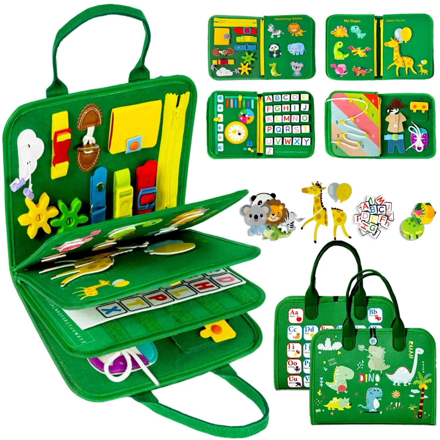Qizfun Dinosaur Busy Board 22cm x 27.9cm (11 x 10.2 inches) | Montessori Learning Toy for Toddlers
