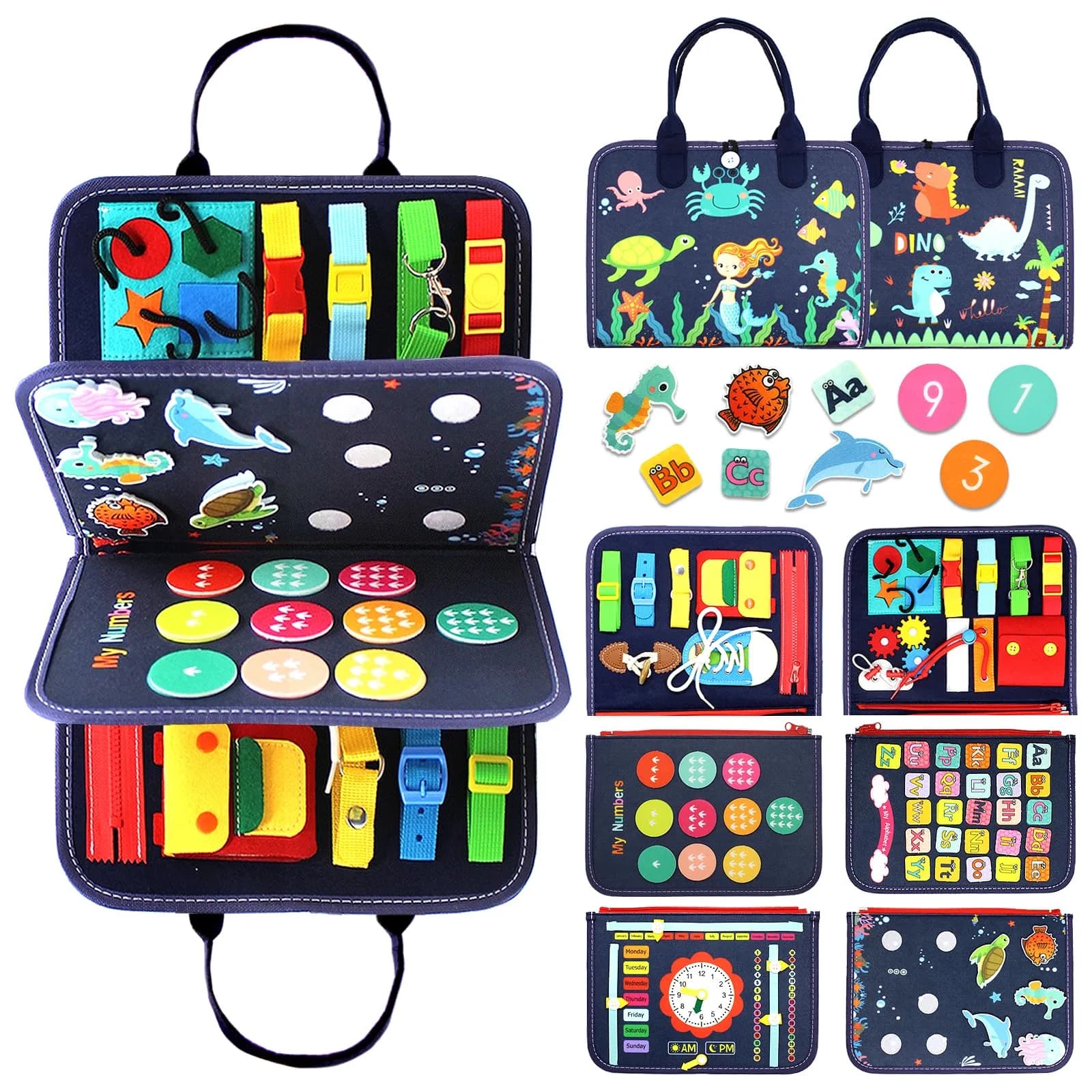 Qizfun Dinosaur Busy Board Montessori Toy | 21.9cm x 28cm x 5.6cm (8.6 x 11 x 2.2 inches) - main product image