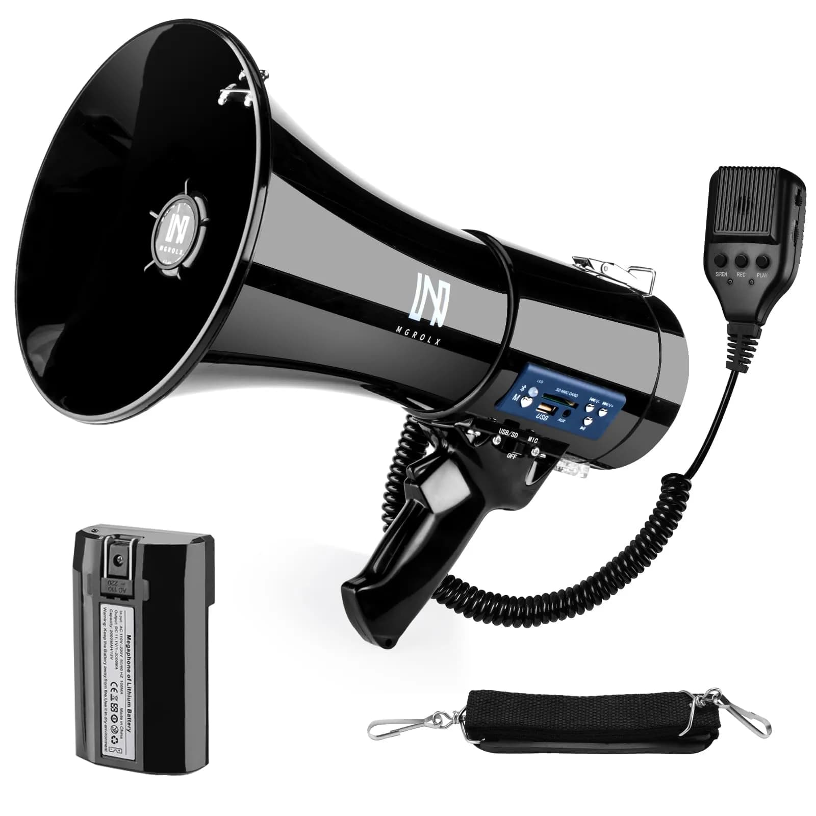 MGROLX 50W Rechargeable Megaphone Bullhorn with Bluetooth, USB, SD, AUX | 1500 Yards Loud Speaker — Black