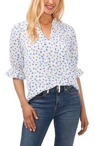 CeCe Elbow Sleeve Split Neck Top | Flattering V-Neck, Versatile Fit, New Ivory (98% Polyester, 2% Spandex) | Medium thumbnail 1